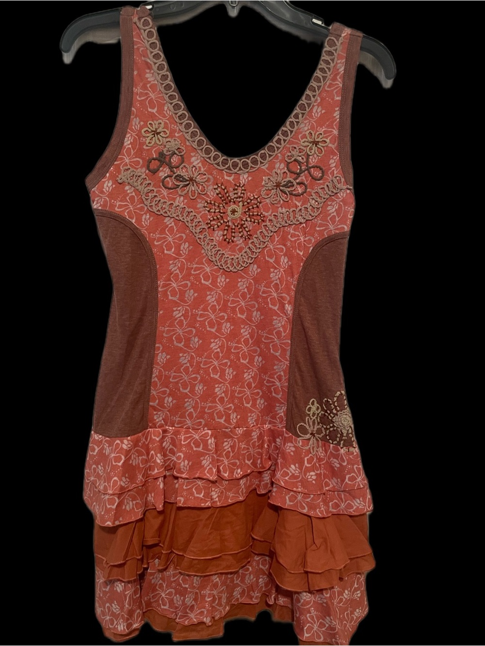 Lulumari Coral Rust Floral Embroidered Ruffle Tank